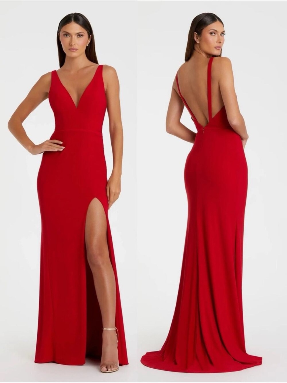 NWT Mac Duggal Dress Plunge Neck Jersey High Slit Maxi Gown in Red